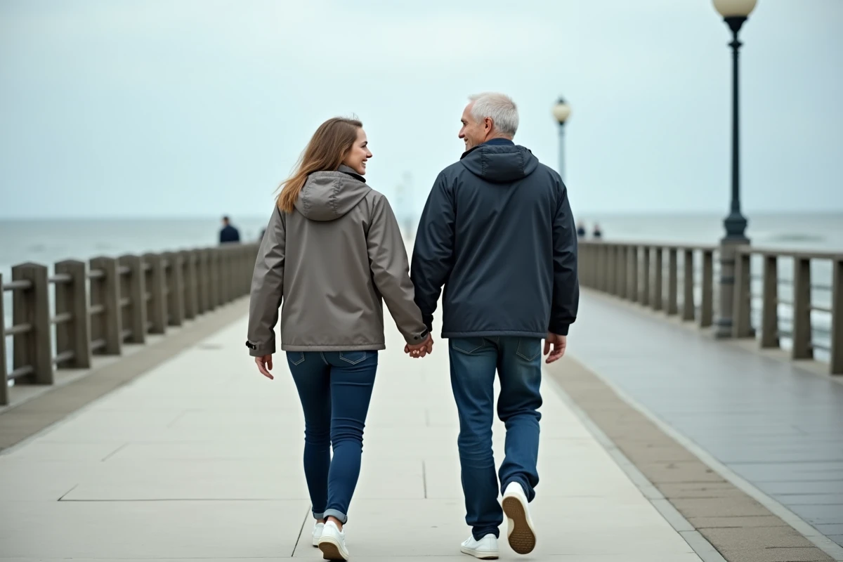 Couple marchant côte à côte sur une promenade en bord de mer, illustrant une marche de 6 minutes dans un environnement côtier