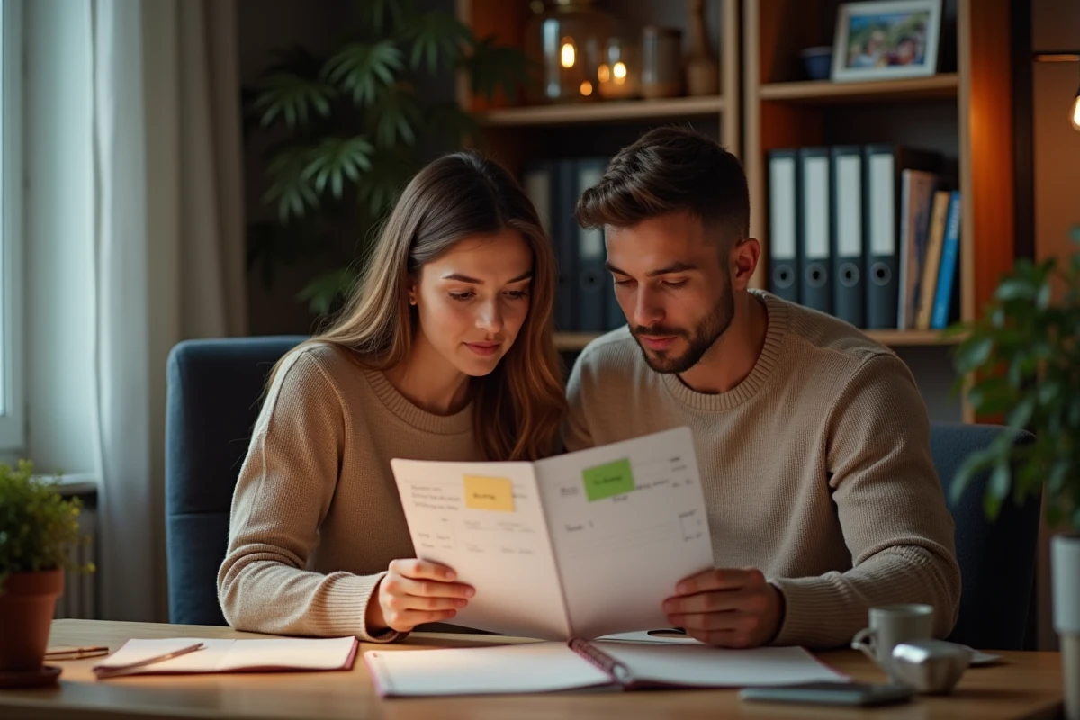 Couple organisant ensemble leur planning familial et professionnel à domicile, représentant la gestion partagée du temps entre travail et famille