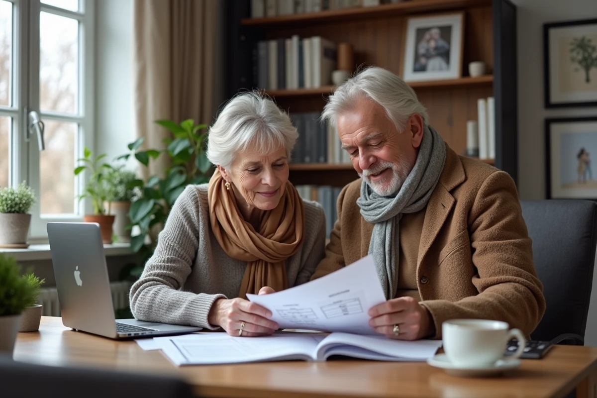 Couple de retraités examinant ensemble des documents de pension et des calculs de retraite dans un bureau à domicile en janvier