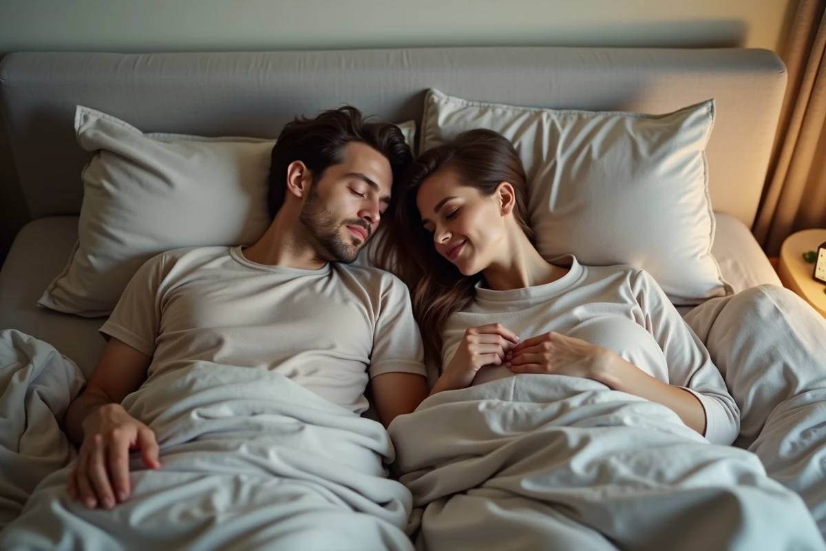 Couple découvrant l'heure 05h55 au réveil, évoquant la signification spirituelle et amoureuse des heures doubles