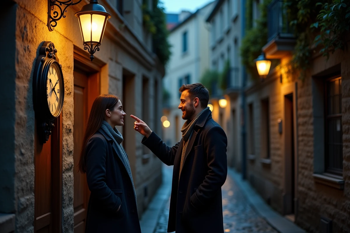Deux partenaires souriant devant une horloge ancienne indiquant 01h10 dans une ruelle pavée, illustrant la signification spirituelle de cette heure en amour