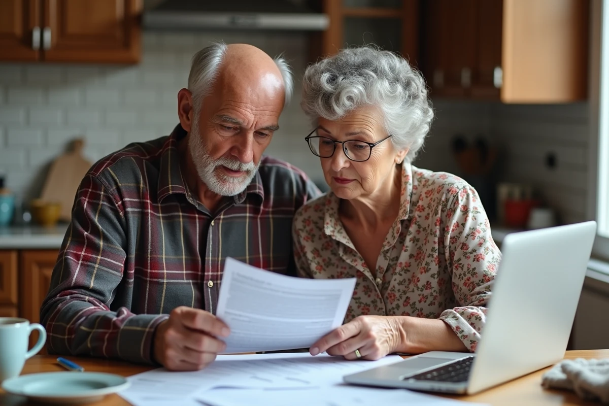 Couple de seniors consultant les démarches pour obtenir les 300 euros d'aide de la mairie à domicile