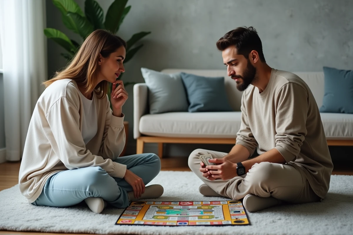 Couple jouant au Monopoly assis par terre dans un appartement moderne et minimaliste lors d'une soirée détendue