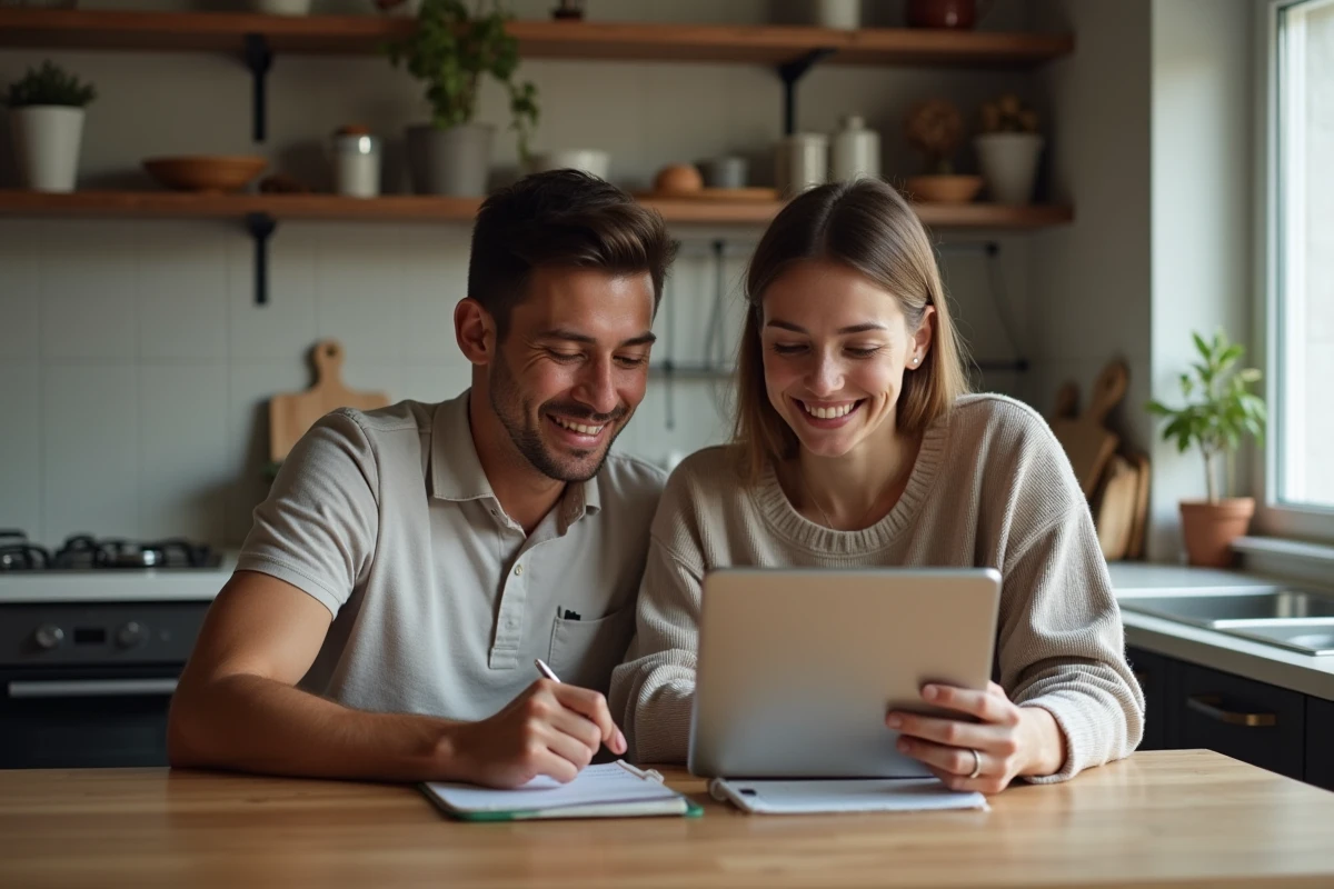 Couple cherchant des commerces et services ouverts à proximité sur une tablette dans leur cuisine
