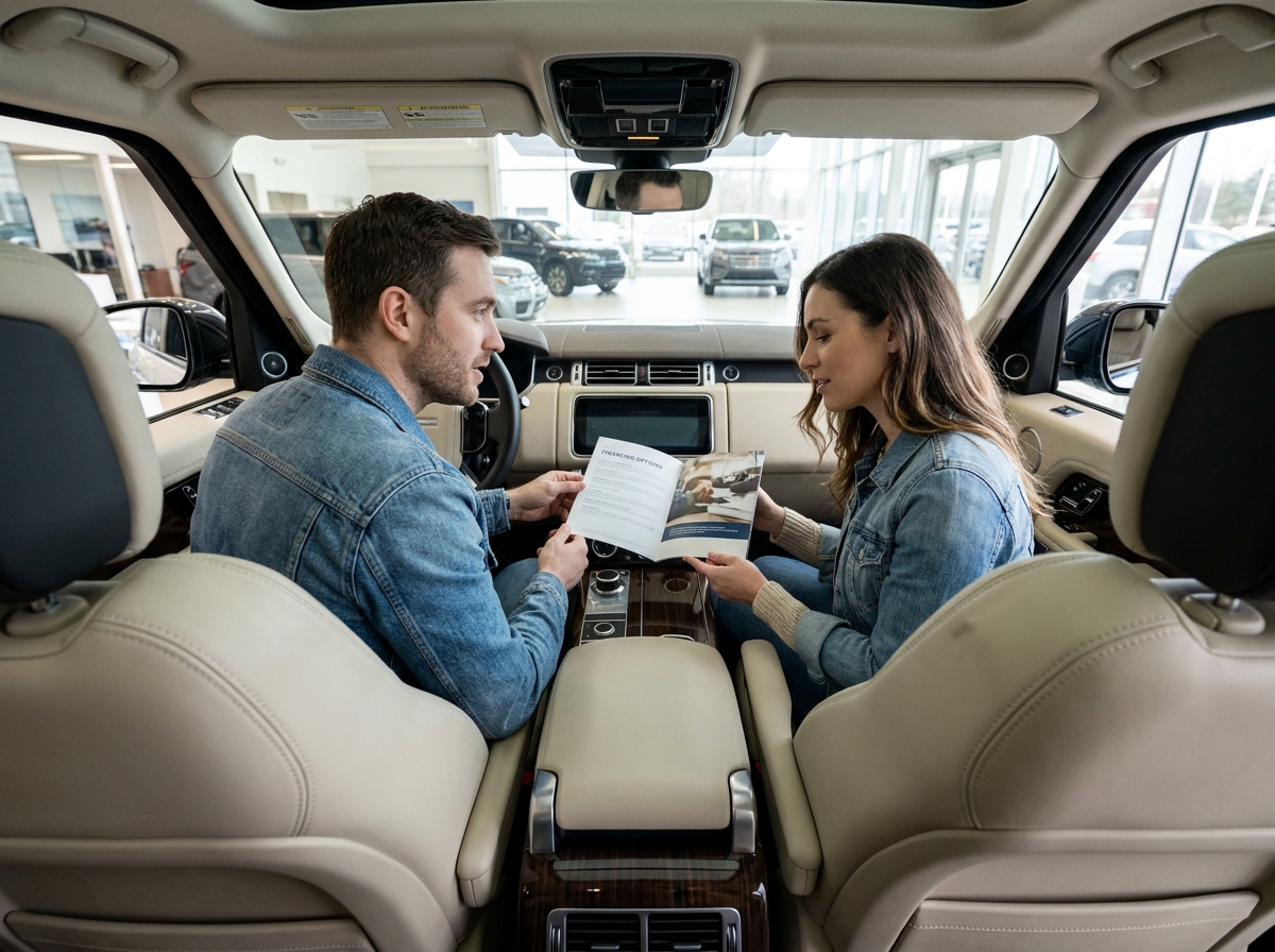 Couple consultant une brochure de financement à bord d'un SUV neuf dans une salle d'exposition