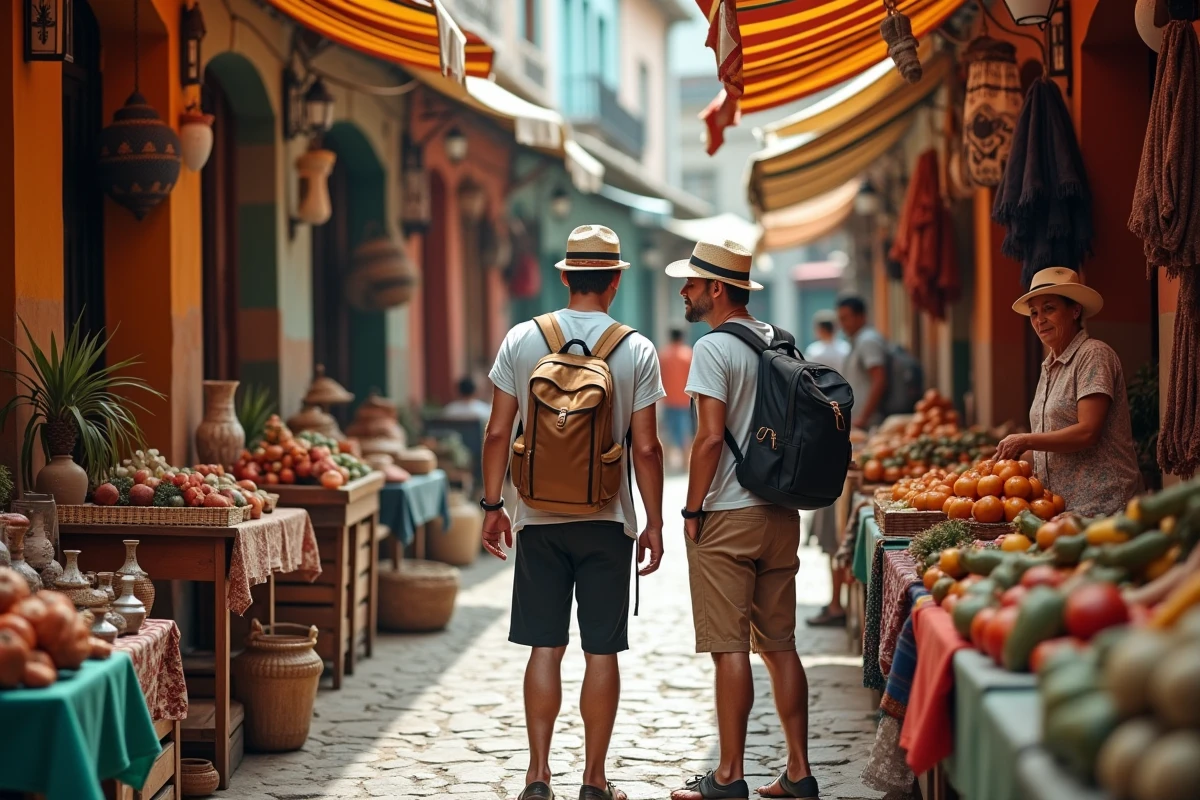 Couple de voyageurs lents discutant avec une vendeuse dans un marché local d'Amérique latine