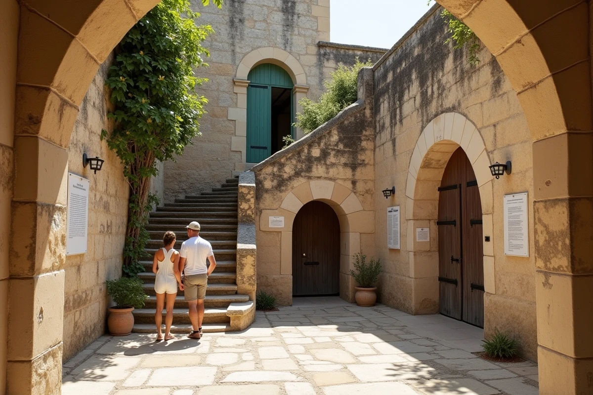 Cour intérieure du fort de l'Estissac avec visiteurs découvrant l'histoire du fort à Port-Cros