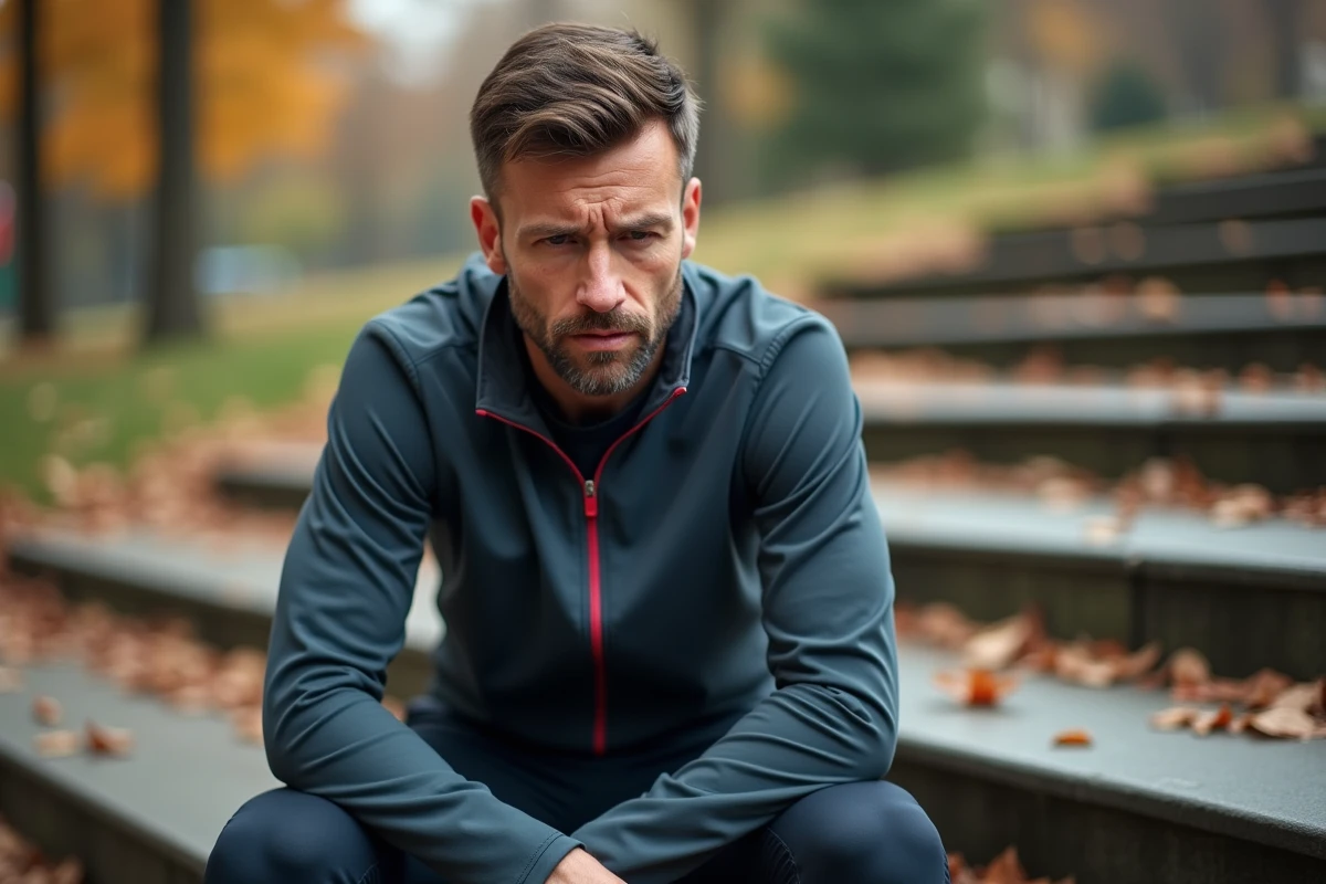 Coureur fatigué assis sur des marches en plein air après un effort excessif et surentraînement