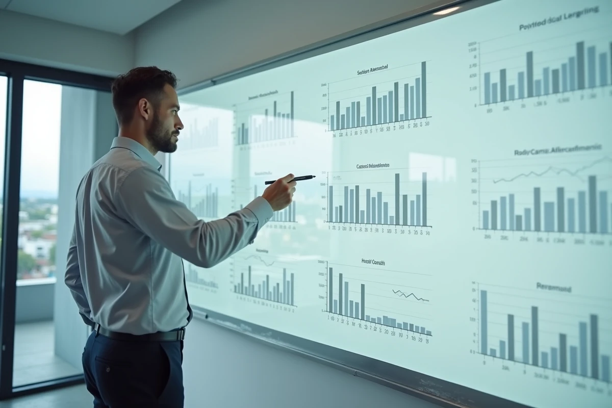 Professeur de finance présentant des modèles de gestion de portefeuille dans une salle de cours d'une école de commerce