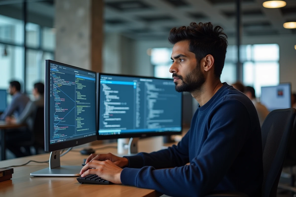 Data scientist analysant les différences entre LLM et LSTM sur deux écrans dans un bureau technologique moderne