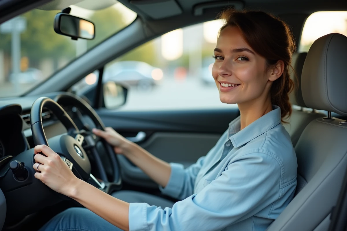 Jeune femme débutante au volant d'une voiture automatique, mains bien positionnées sur le volant, tableau de bord visible avec sélecteur de vitesses automatique