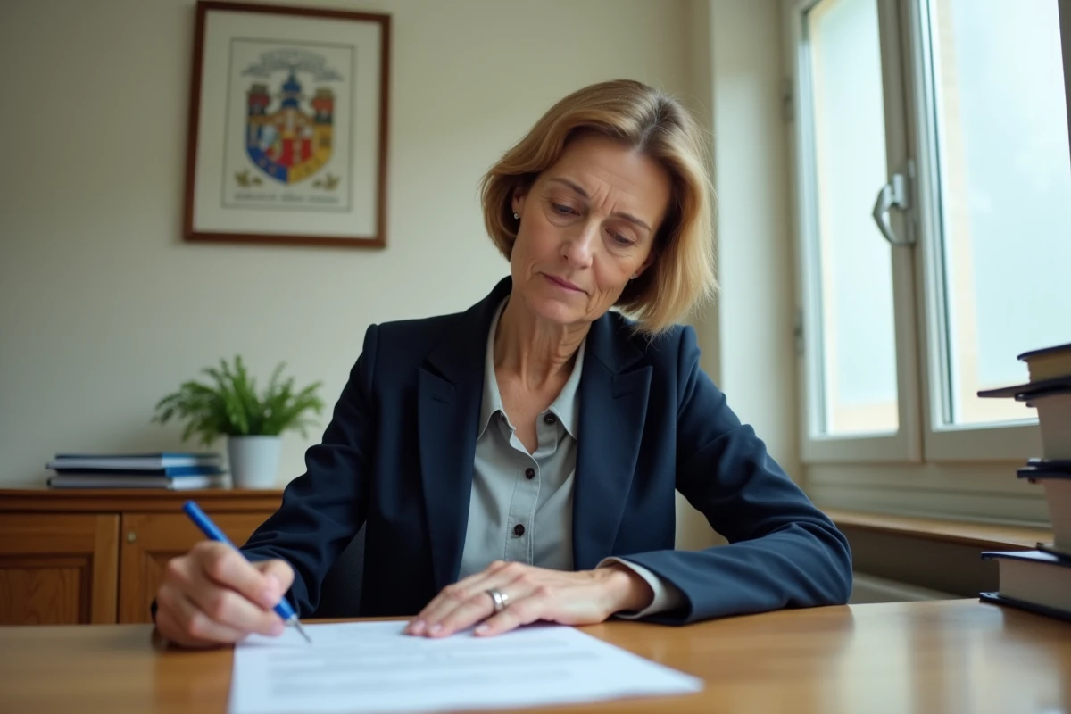 Femme remplissant un formulaire de demande d'aide municipale de 300 euros dans une mairie