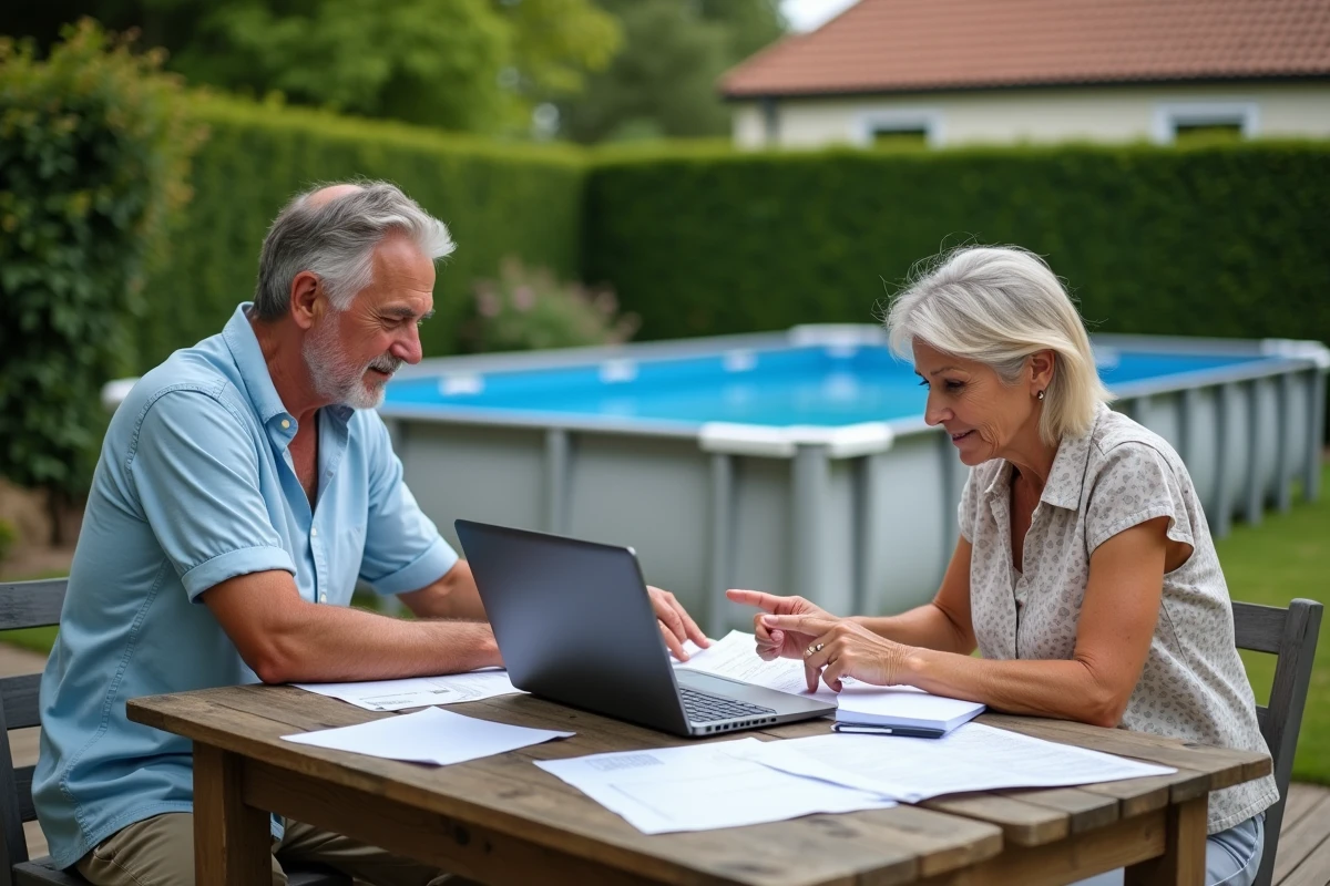 Couple étudiant les démarches administratives pour l'installation d'une piscine hors sol dans leur jardin