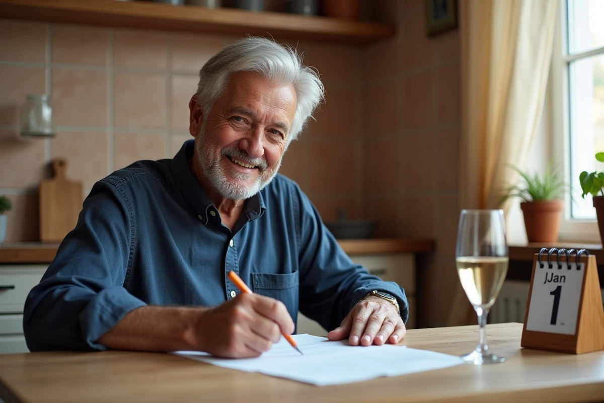 Homme à la retraite signant ses documents officiels de départ à la retraite le 1er janvier dans une cuisine chaleureuse