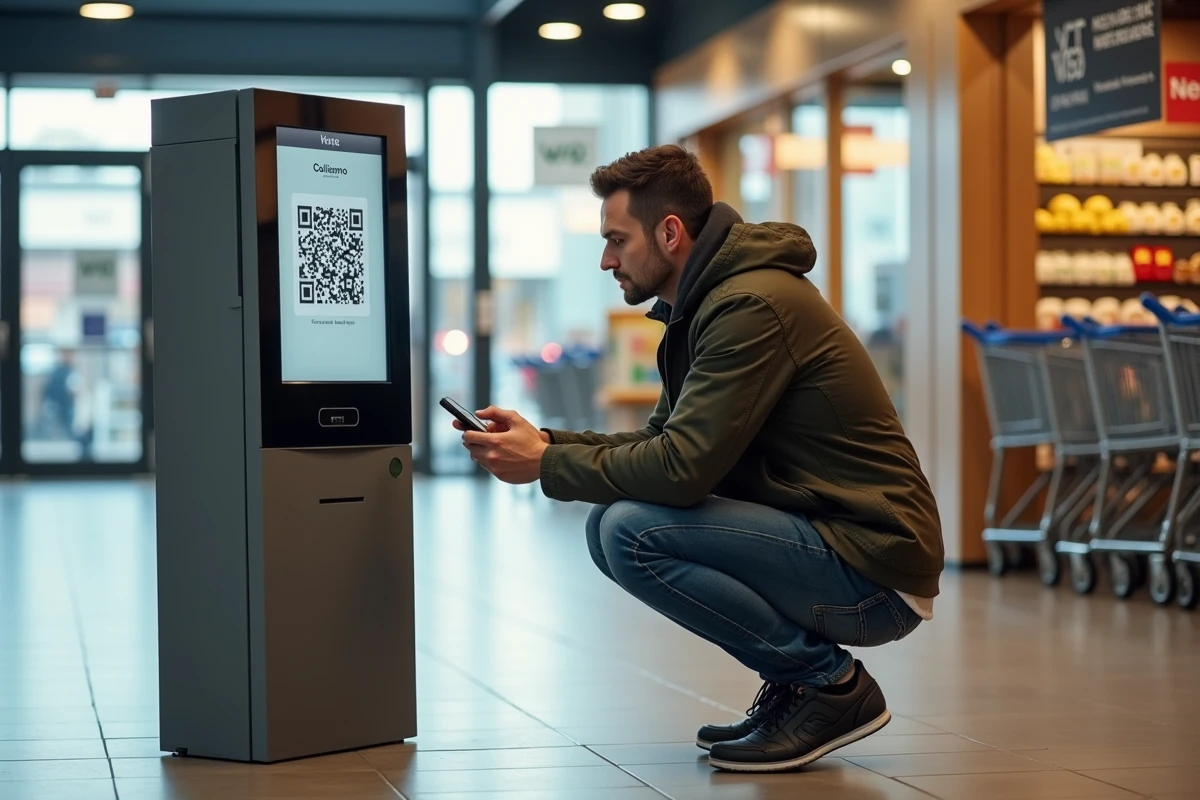 Homme scannant un QR code sur une borne Colissimo dans un supermarché pour déposer un colis