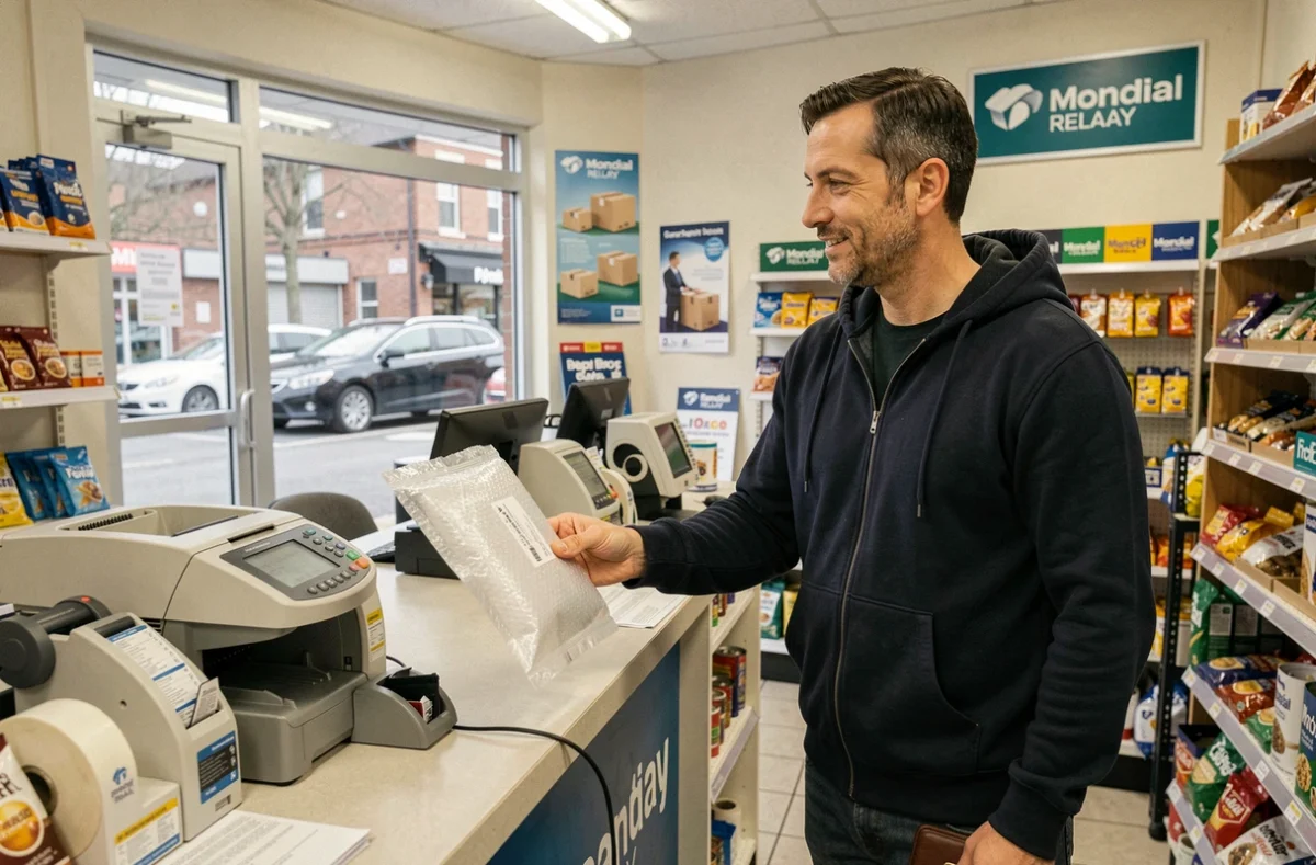 Homme déposant un colis dans un point relais Mondial Relay en boutique de proximité