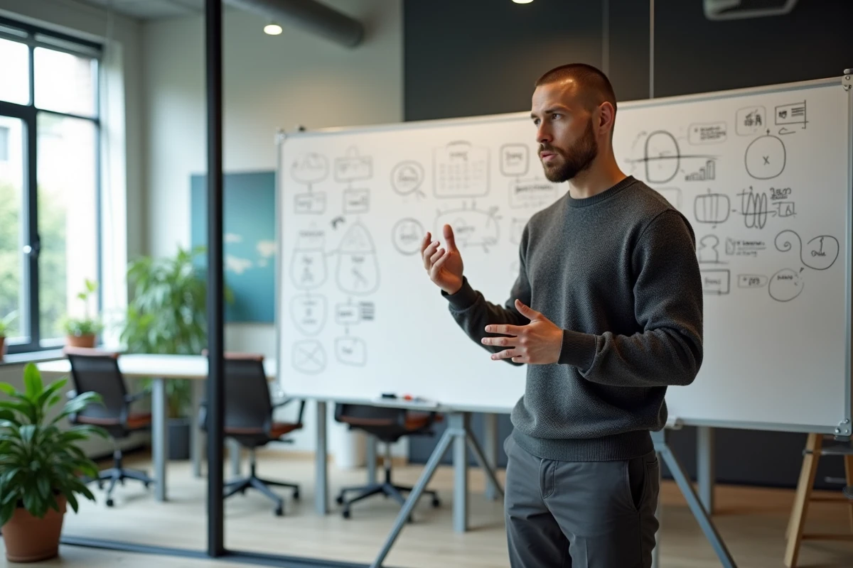Designer expliquant les différents types de design sur un tableau blanc dans un espace de co-working contemporain