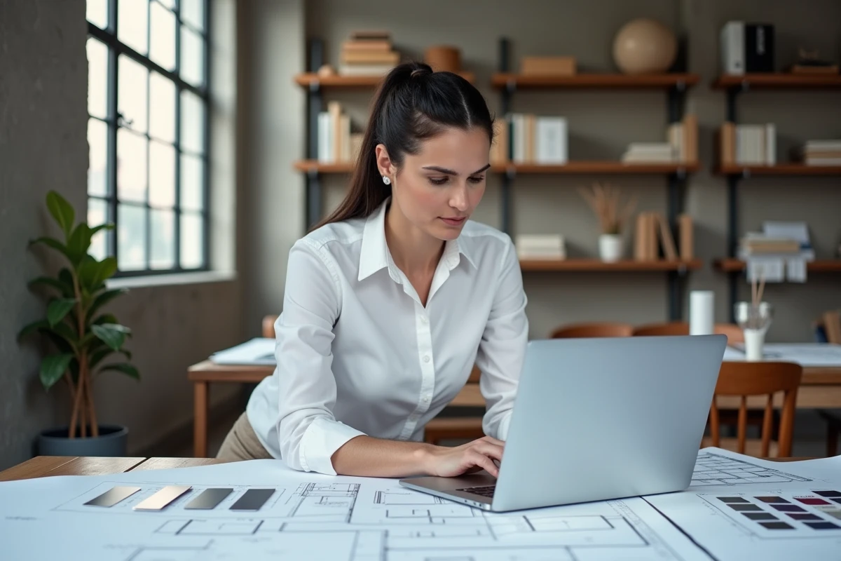 Designeuse travaillant sur des plans architecturaux et des maquettes UI dans un studio de design moderne aux murs en béton