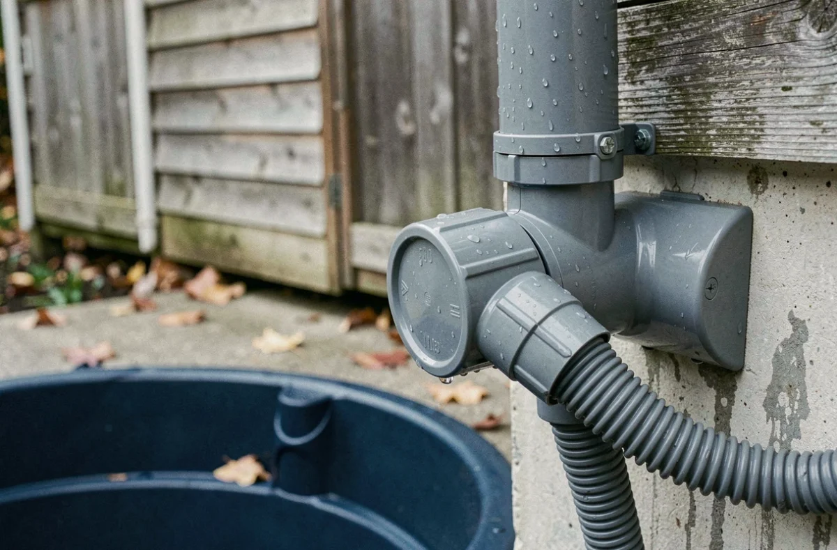Gros plan sur un raccord de dérivation de gouttière connecté à un tuyau d'alimentation de récupérateur d'eau