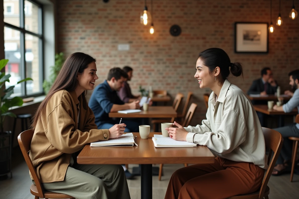 Deux adultes en tenues neutres discutant autour d'une table de café, illustrant le dialogue sur la nouvelle identité de genre et le néogenre