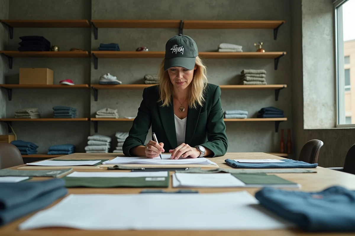 Directrice de la marque Stussy examinant des échantillons de tissu dans un studio créatif minimaliste avec memorabilia streetwear