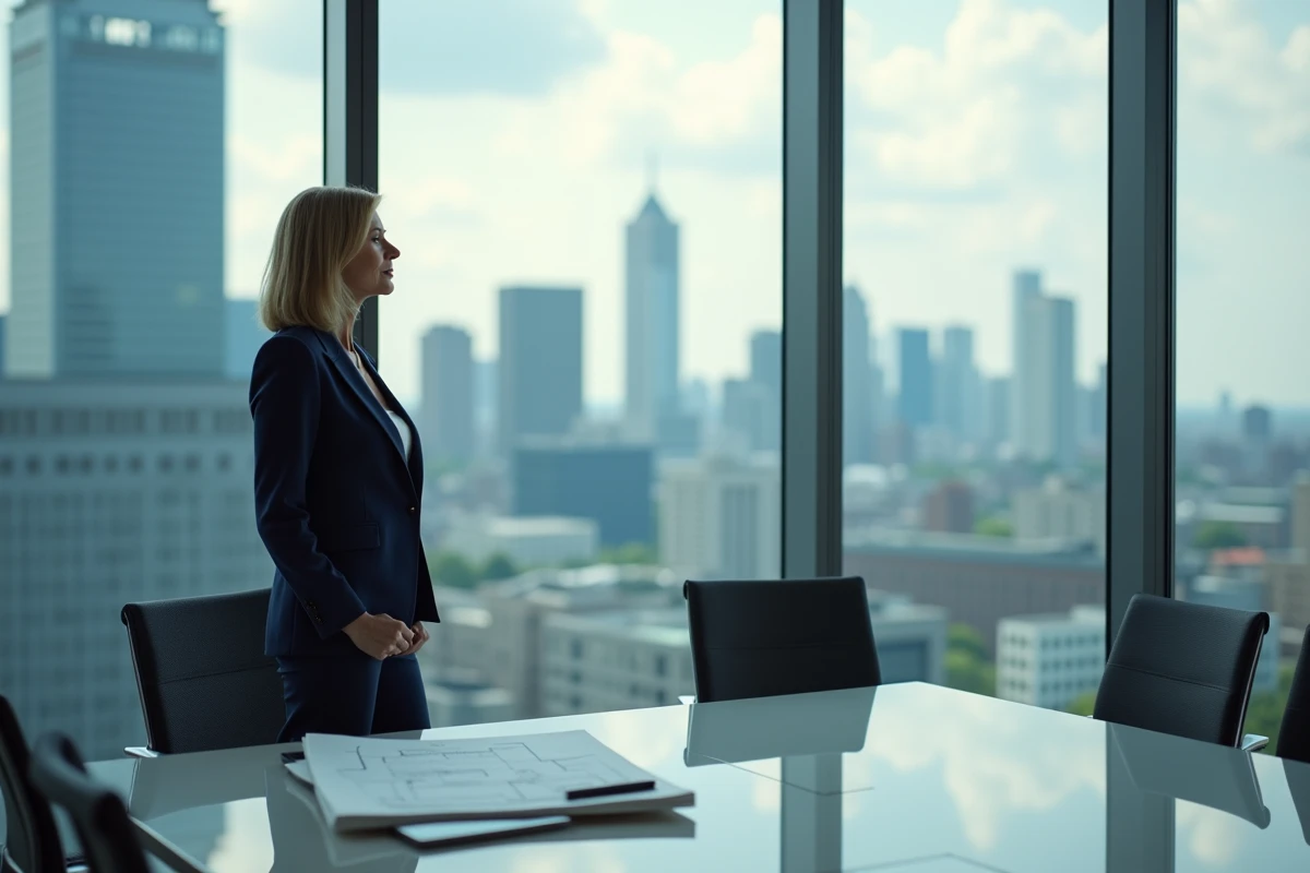 Dirigeante d'entreprise regardant l'horizon urbain depuis un bureau moderne, symbolisant la vision stratégique et l'avenir de l'entreprise