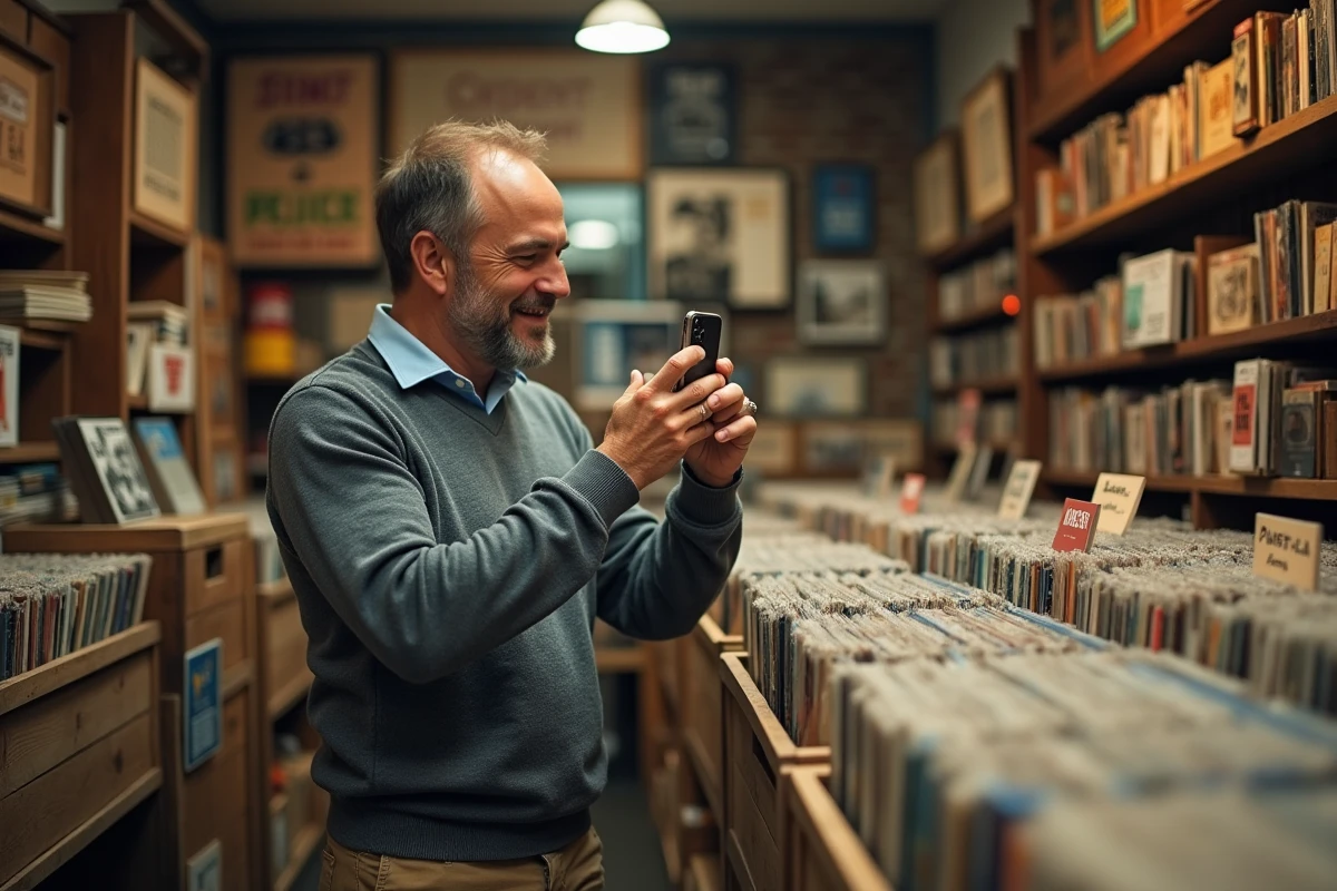 Homme parcourant des disques vinyles d'occasion dans une boutique de seconde main, articles vintage populaires