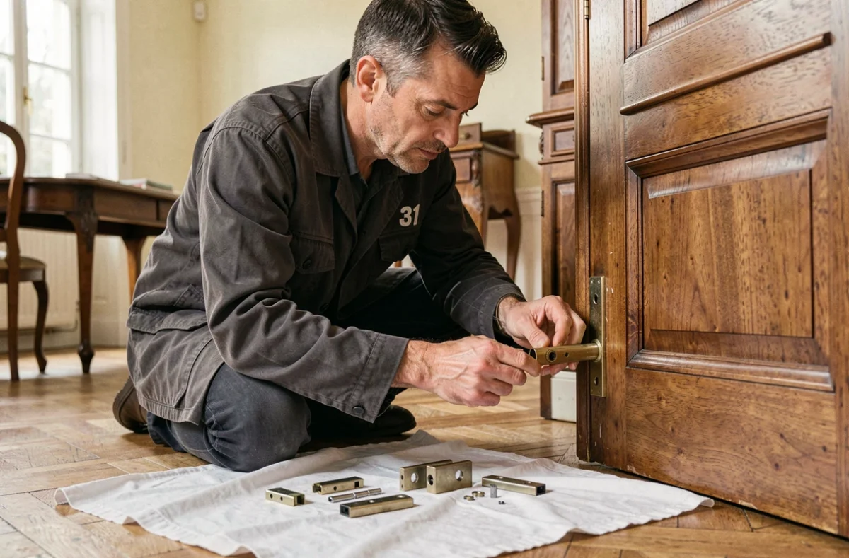 Technicien DMS Serrurier 31 démontant une serrure encastrée sur une porte en noyer dans une maison traditionnelle de Haute-Garonne