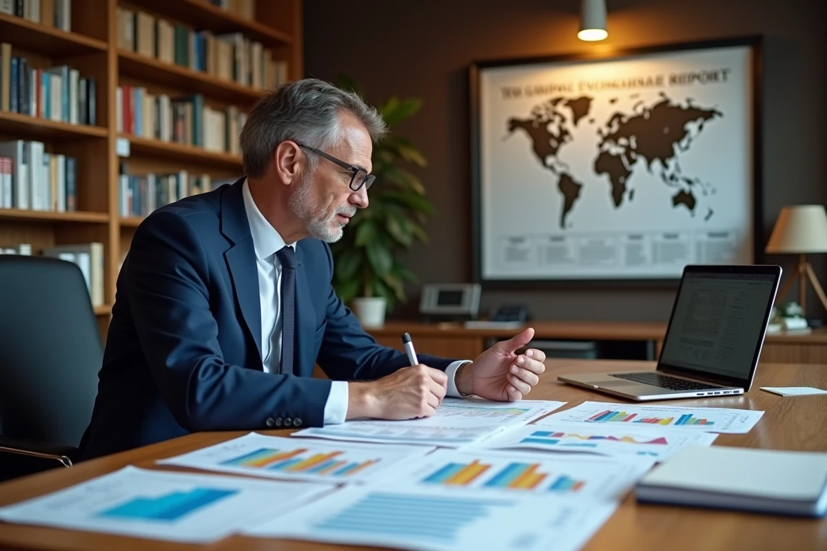 Économiste analysant des graphiques comparatifs de systèmes fiscaux internationaux dans un bureau professionnel