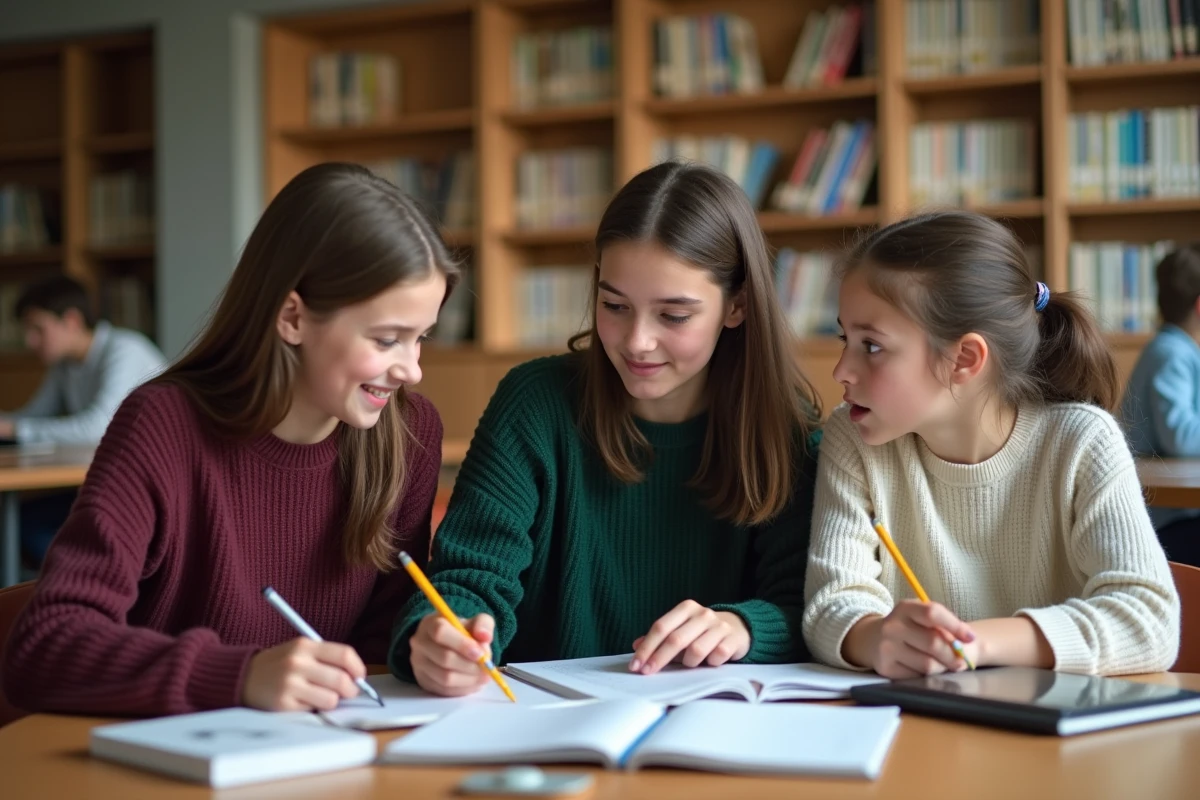 Trois adolescents collaborant autour d'un projet scolaire dans une bibliothèque moderne, représentant les valeurs de coopération et de respect dans l'éducation