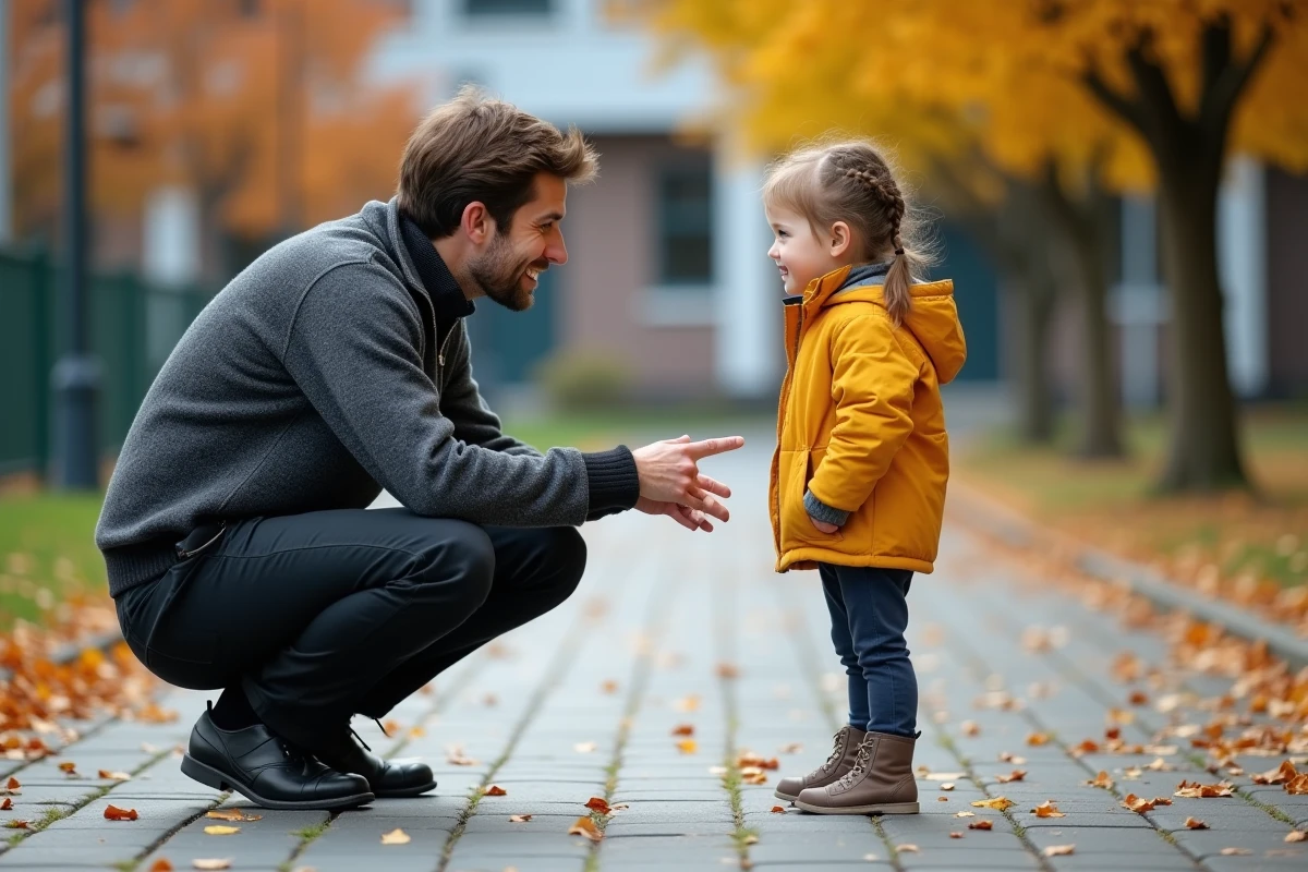 Un homme adulte guide une fillette dans une cour d'école en automne, symbolisant la transmission des valeurs éducatives et la curiosité intellectuelle