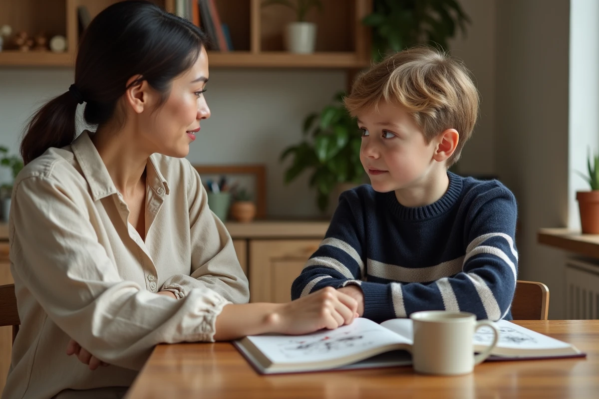 Femme adulte et jeune garçon partageant un moment d'apprentissage autour d'un livre à une table en bois, illustrant les valeurs d'une bonne éducation familiale