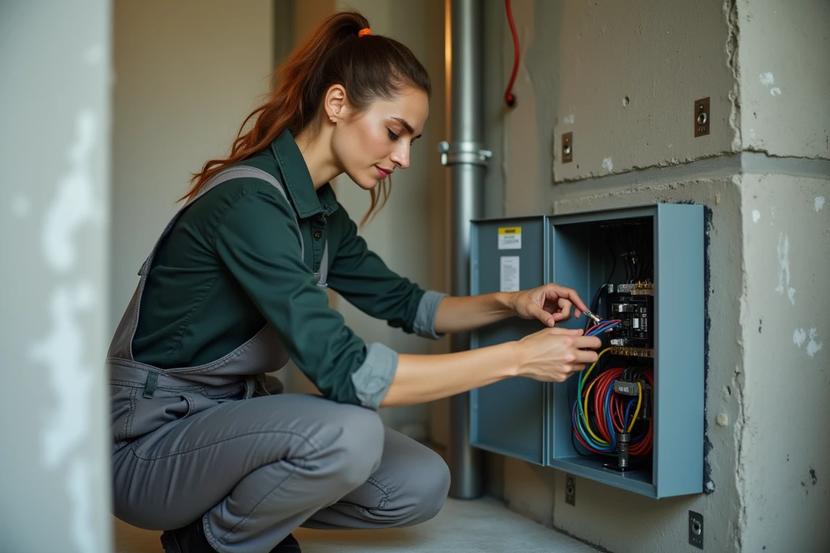 Électricienne professionnelle travaillant sur un tableau électrique dans un bâtiment commercial en rénovation, métier du bâtiment bien rémunéré