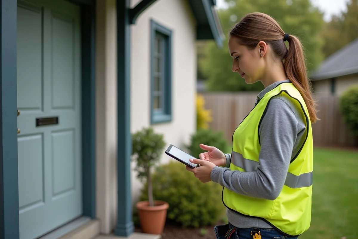 Électricienne présentant son tarif horaire sur tablette à un client devant une maison individuelle