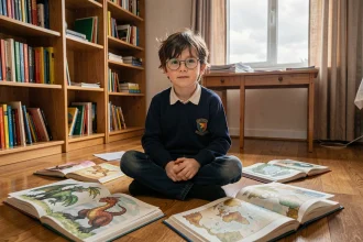 Jeune garçon avec des lunettes rondes lisant un livre illustré sur les dragons entouré de livres de fantasy dans sa chambre