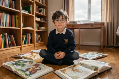 Jeune garçon avec des lunettes rondes lisant un livre illustré sur les dragons entouré de livres de fantasy dans sa chambre