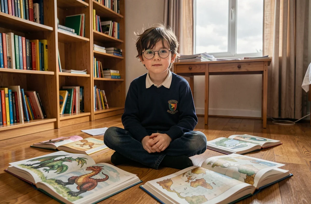 Jeune garçon avec des lunettes rondes lisant un livre illustré sur les dragons entouré de livres de fantasy dans sa chambre