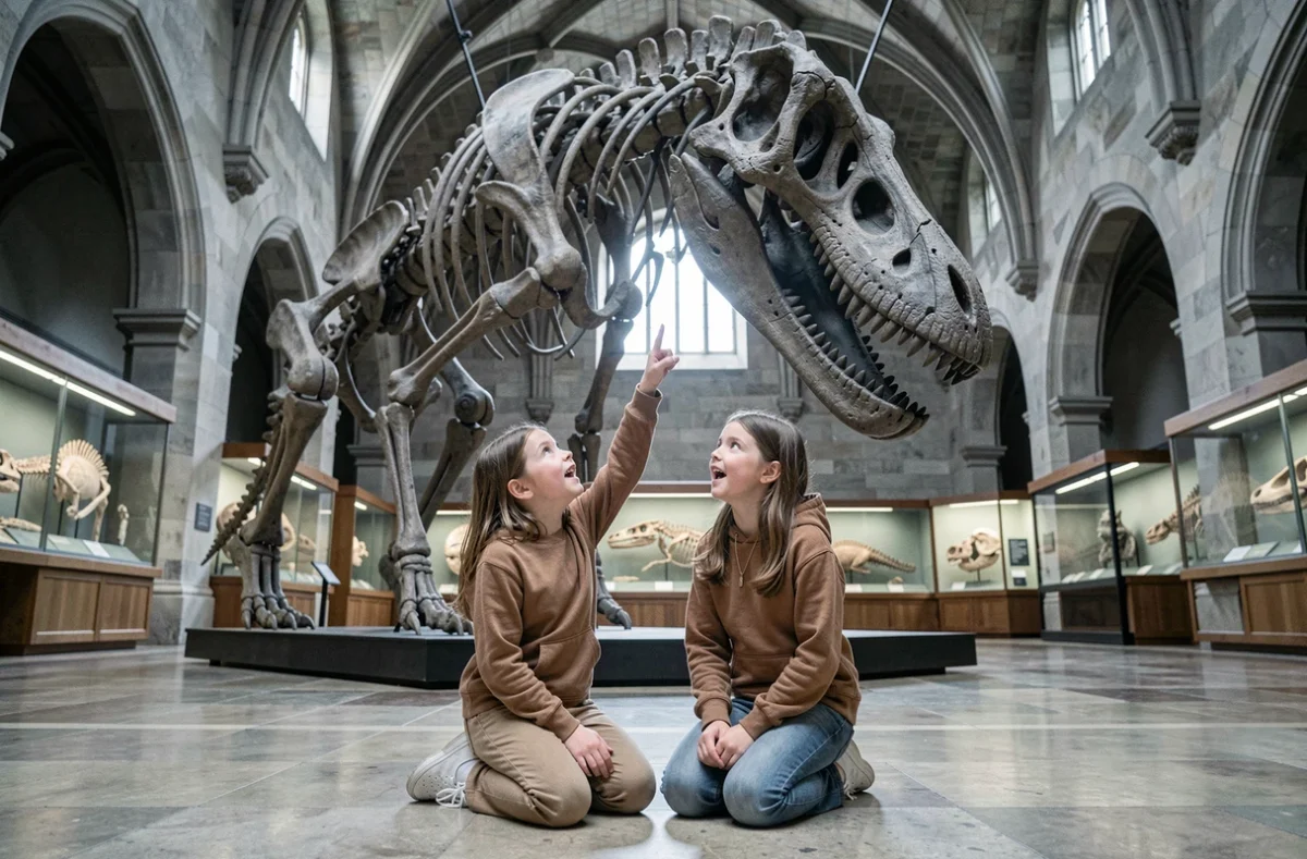 Deux fillettes émerveillées devant un squelette de dragon grandeur nature dans un musée d'histoire naturelle