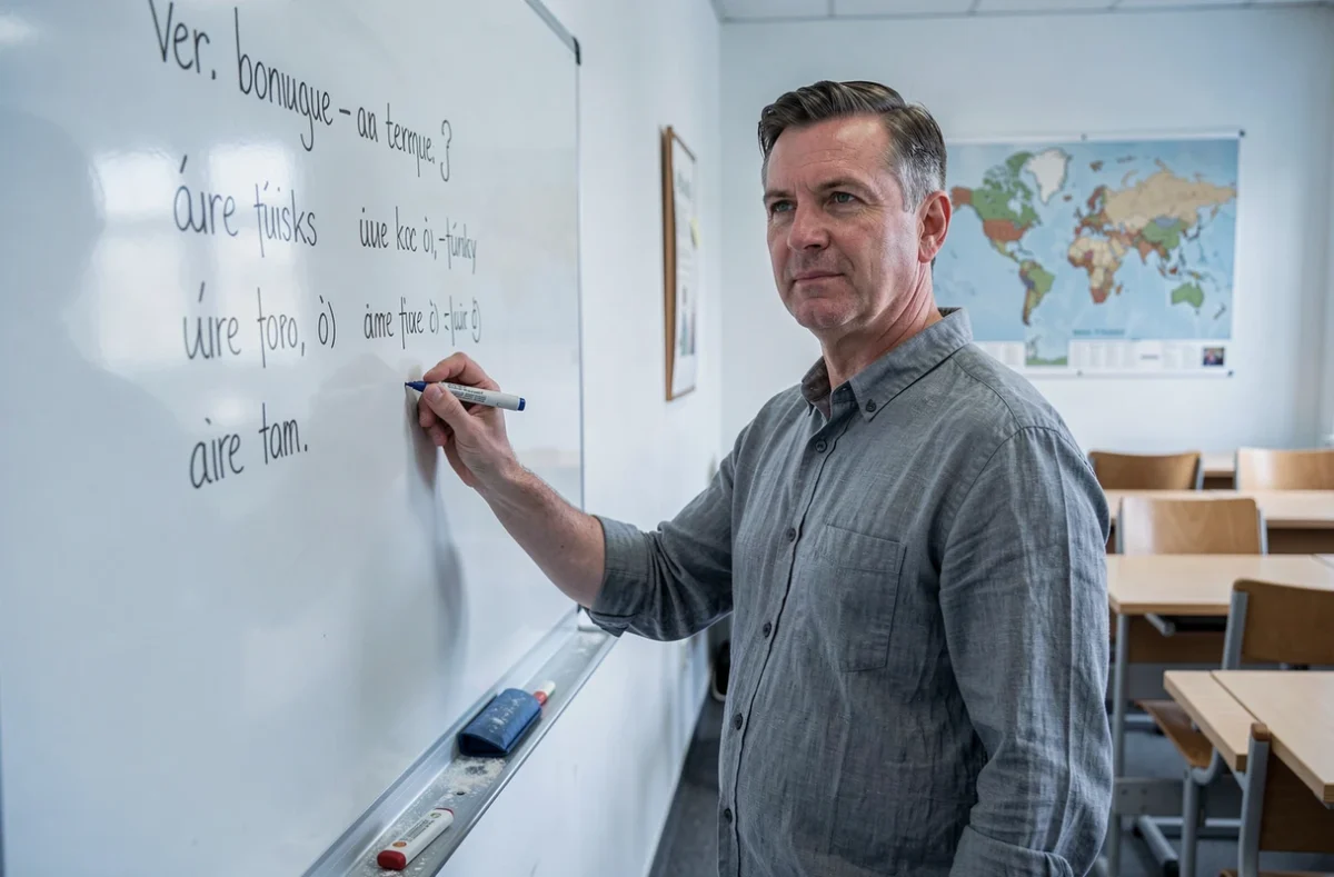 Enseignant expliquant la différence entre les temps verbaux français au tableau blanc dans une salle de classe