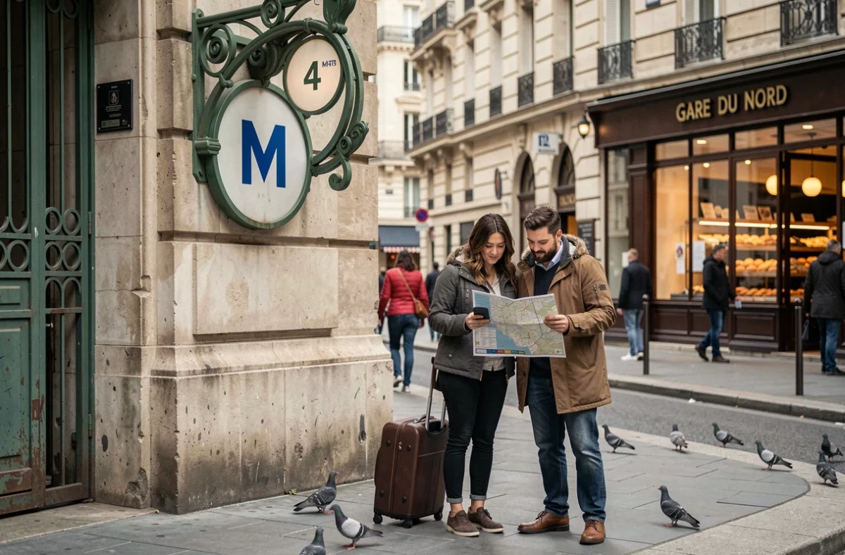 Entrée de la station Gare du Nord avec le panneau métro ligne 4 et des voyageurs sur le trottoir parisien