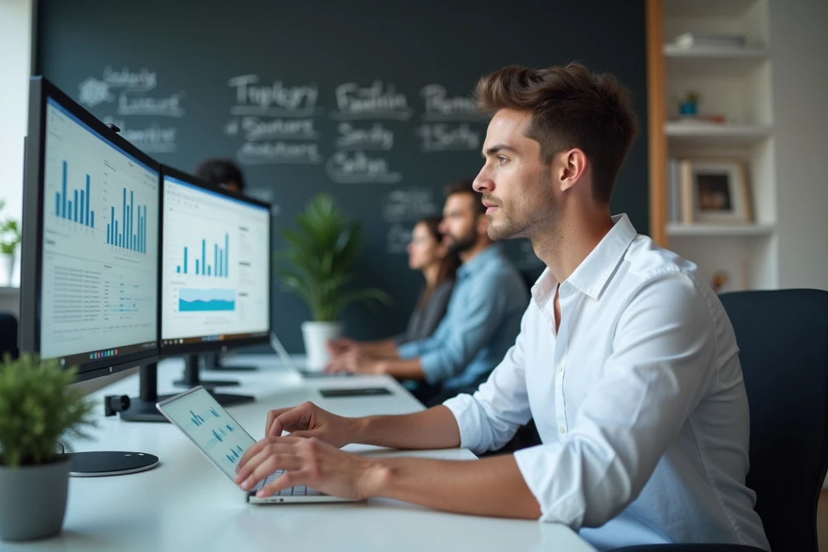 Jeune entrepreneur analysant des données prévisionnelles sur écran dans un espace de travail moderne, illustrant les défis numériques de l'avenir des entreprises