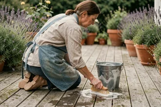 Femme entretenant une terrasse en bois avec une brosse naturelle et un mélange eau-vinaigre blanc, méthode écologique sans produits chimiques