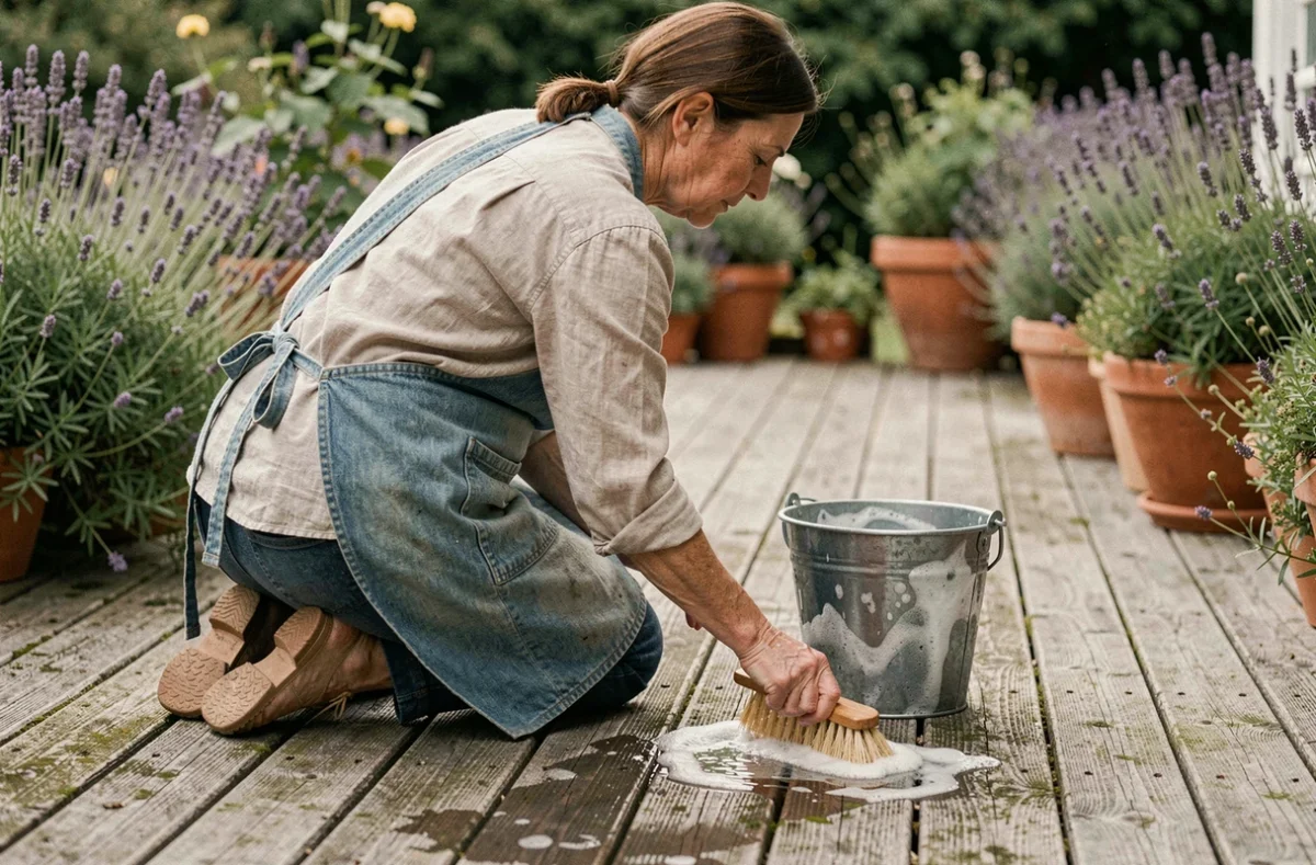 Femme entretenant une terrasse en bois avec une brosse naturelle et un mélange eau-vinaigre blanc, méthode écologique sans produits chimiques