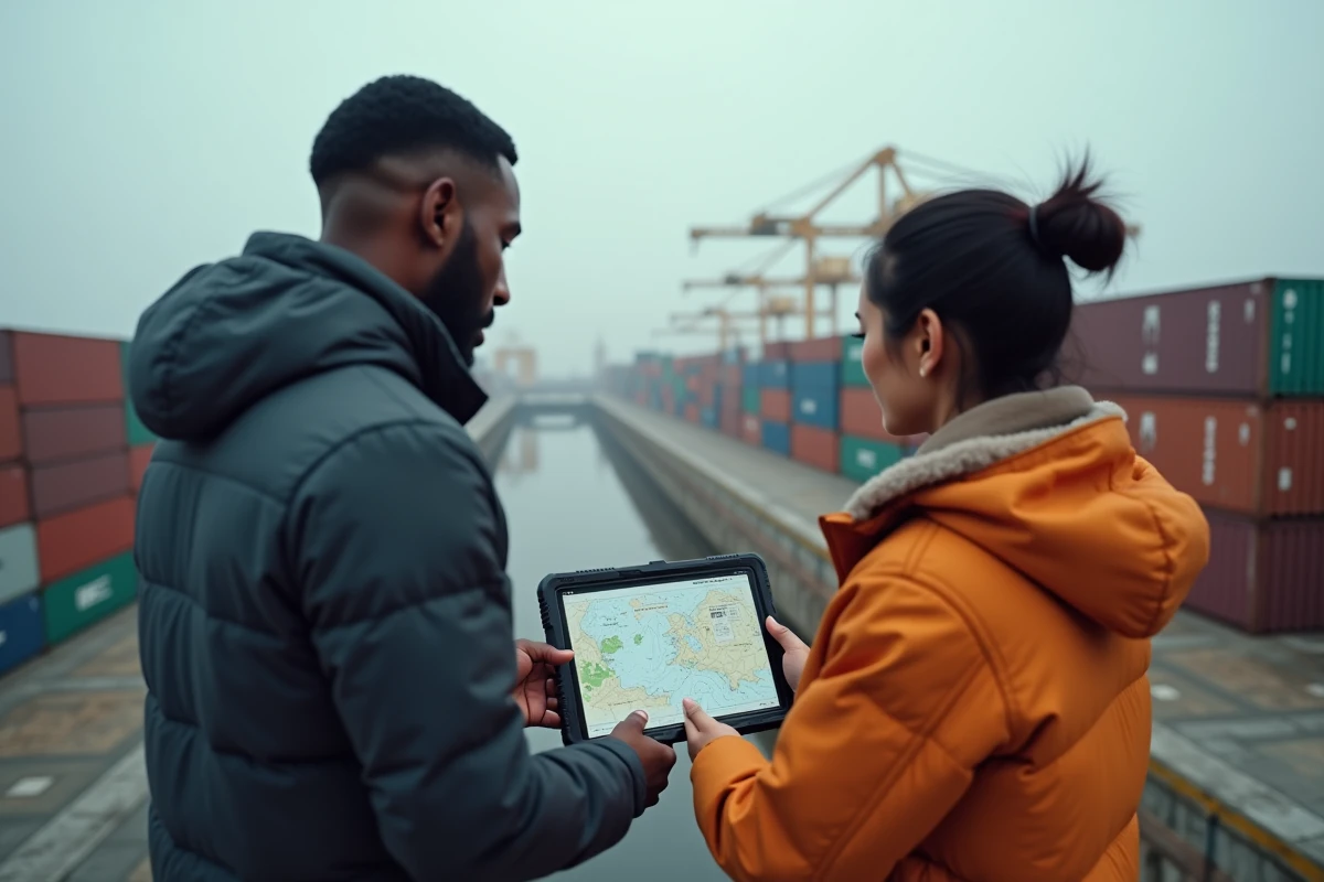 Deux professionnels collaborant sur une tablette avec suivi blockchain dans un port de conteneurs industriel