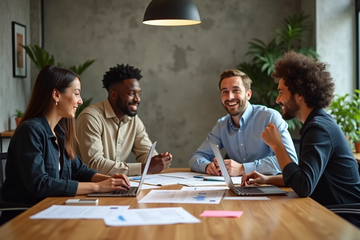 Équipe de professionnels collaborant autour d'une table de réunion pour définir les enjeux et perspectives futures de leur entreprise