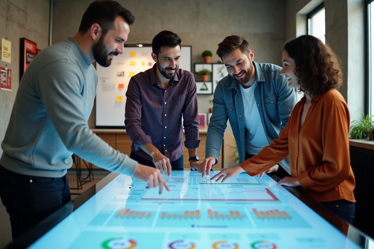 Équipe marketing collaborative autour d'un tableau de bord IA interactif dans une salle de réunion moderne