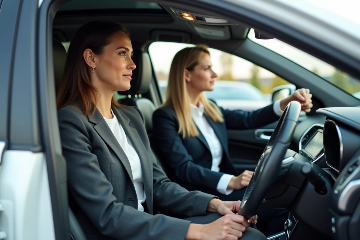 Cliente assise au volant d'un SUV blanc lors d'un essai routier avec un conseiller de vente