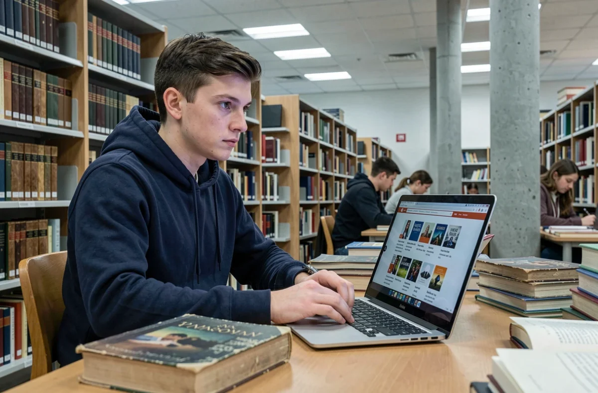 Jeune homme en bibliothèque universitaire consultant un site d'ebook gratuit sur ordinateur portable avec des livres posés sur la table