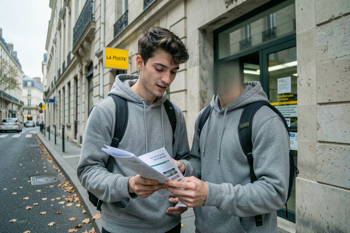 Étudiant consultant ses documents imprimés devant une agence La Poste en ville