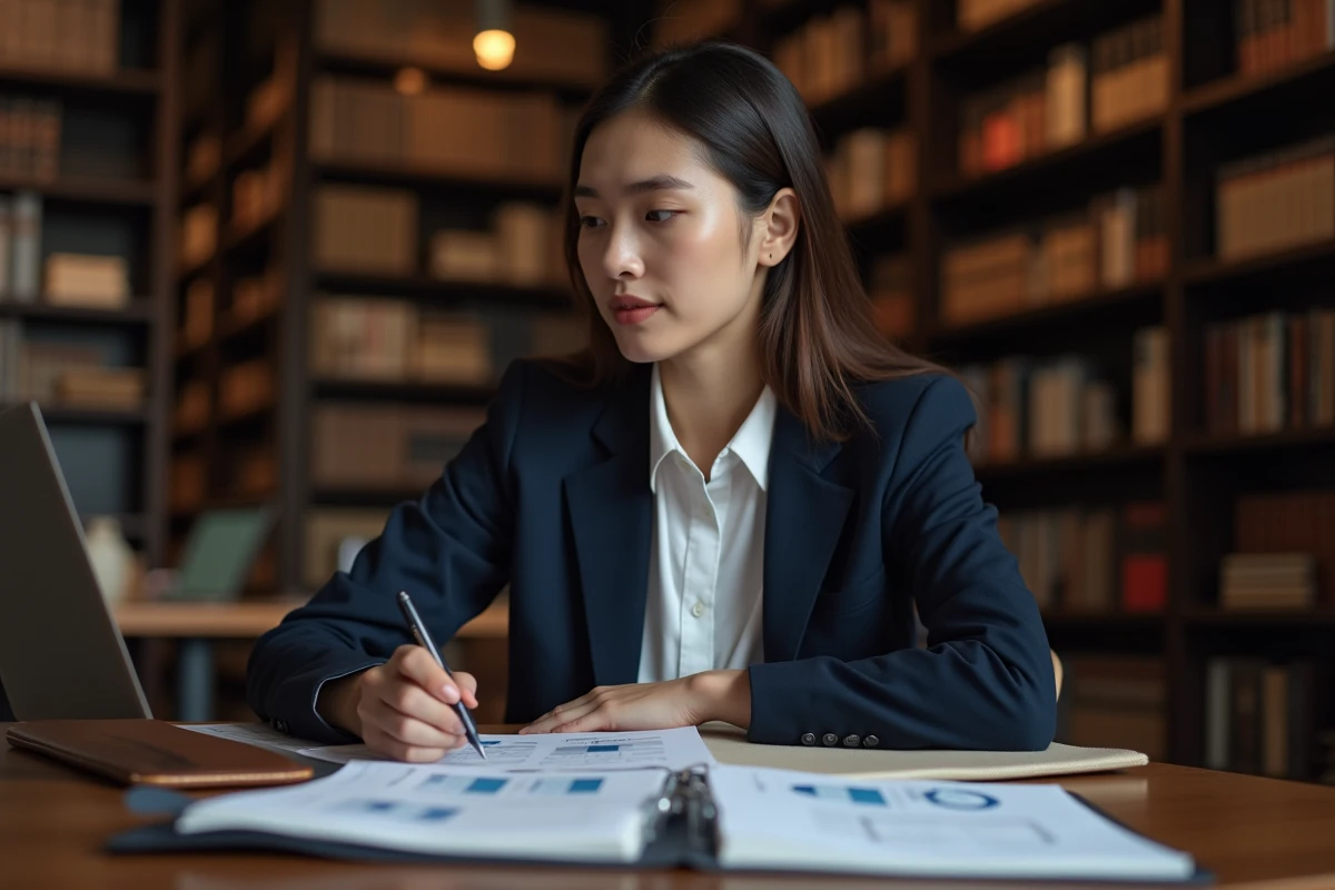 Étudiante en finance analysant des graphiques boursiers dans une bibliothèque universitaire pour se préparer à une carrière en asset management